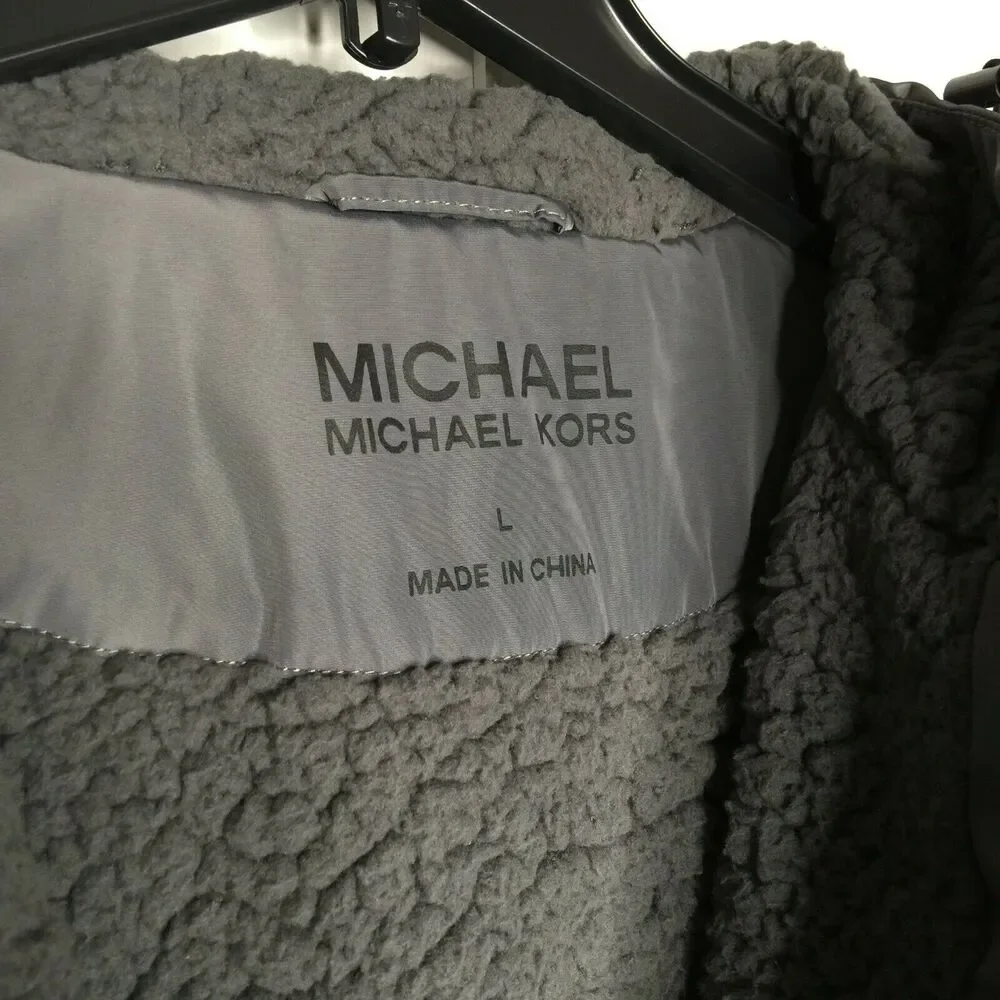 Michael Kors Missy Faux Shearling Gray Jacket Hood Elasticized Cuffs Large